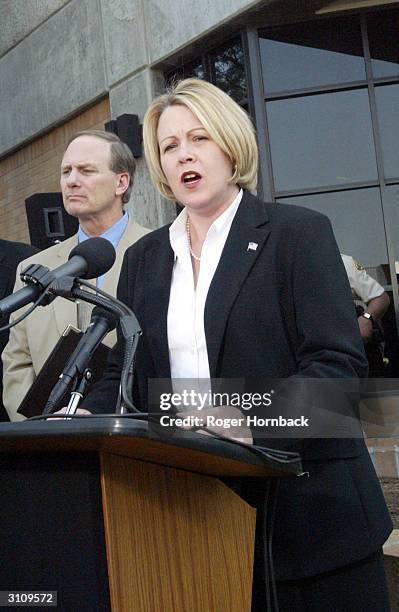 Fresno County District Attorney Elizabeth Eagan speaks to the media at a news conference March 18, 2004 in Fresno, California. Wesson's arraignment...