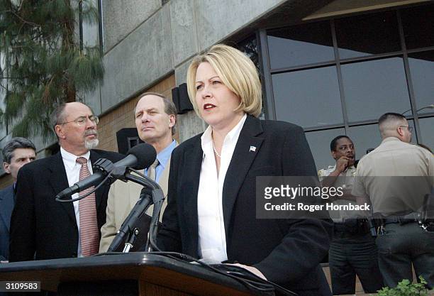 Fresno County District Attorney Elizabeth Eagan speaks to the media at a news conference March 18, 2004 in Fresno, California. Wesson's arraignment...