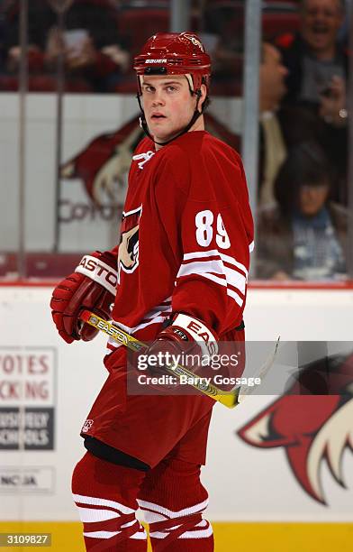 Center Mike Comrie of the Phoenix Coyotes skates on the ice during the game against the Dallas Stars on February 14, 2004 at Glendale Arena in...