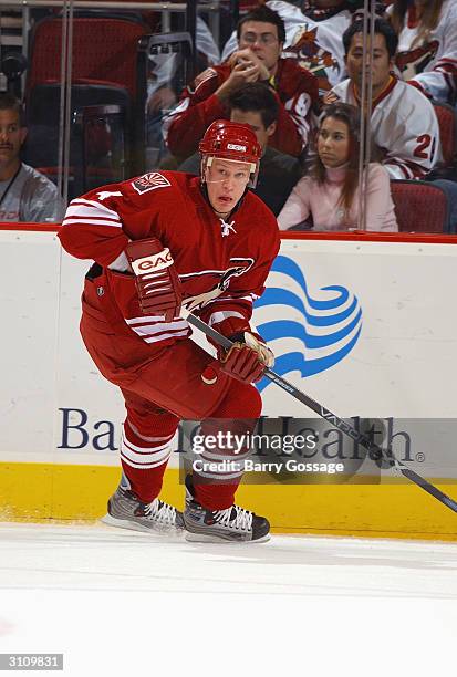 Defenseman Ossi Vaananen of the Phoenix Coyotes skates on the ice during the game against the Dallas Stars on February 14, 2004 at Glendale Arena in...