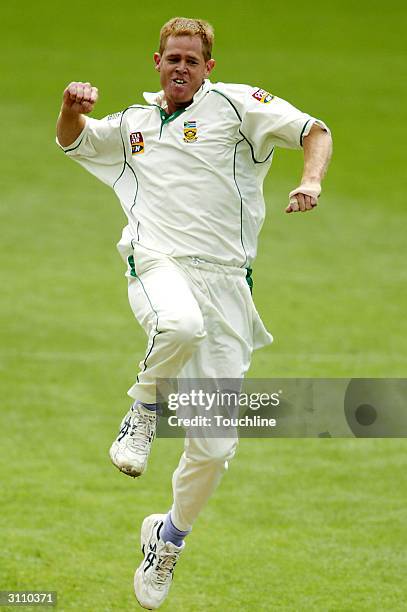 Shaun Pollock of South Africa jumps for joy as he breaks Allan Donalds record of 331 wickets during the second day of the 2nd Test between the...