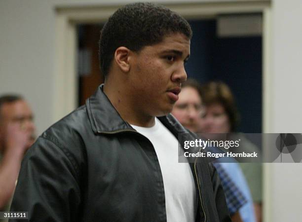 Serafino Wesson enters court for the arraignment of his father, accused killer Marcus Wesson March 17, 2004 in Fresno, California. Marcus is accused...