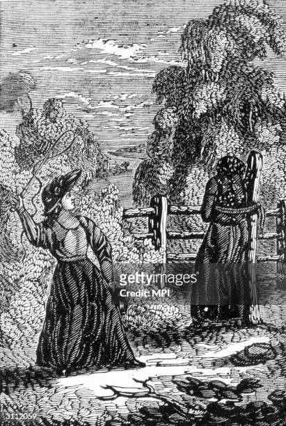 Woman whipping an enslaved girl. Original Publication: From George Bourne's 'Picture of Slavery'.