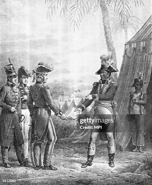 Lithograph of Haitian general Francois Dominique Toussaint L'Ouverture , whose heroic stand against French rule thwarted Napoleon's ambition for a...