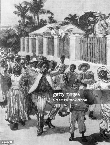 Formerly enslaved people in Barbados march through the streets to the sound of cymbals, drum and concertina as they celebrate their emancipation....