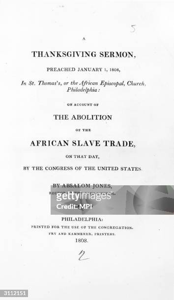 Thanksgiving sermon read out by Absalom Jones, rector of St Thomas' Church in Philadelphia to celebrate the passing of a law by the US Congress,...