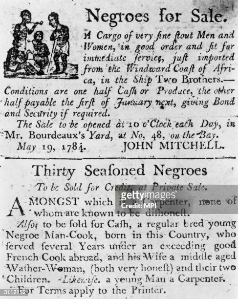 Two advertisements in a colonial broadside newspaper: one for a cargo of slaves just imported from Africa on the ship Two Brothers, and one for...