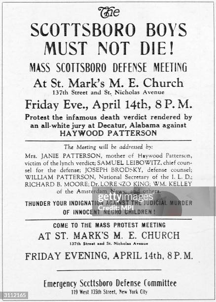 Poster advertising a defence meeting for Haywood Patterson, one of the Scottsboro Boys, a group of African-American youths falsely accused of raping...