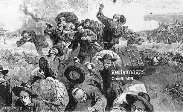 Mob of white coal miners attacking Chinese immigrants who worked during a strike at the mines in Rock Springs, Wyoming.