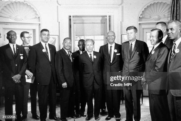 American President John F Kennedy in the White House with leaders of the civil rights 'March on Washington' Roy Wilkins , Walter Reuther , John F...