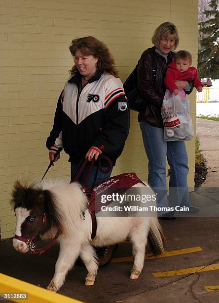 Shari Bernstiel is helped along the sidewalk by Tonto, her guide horse as a woman and child watch March 19, 2004 in Lansdale, Pennsylvania. Tonto, a...