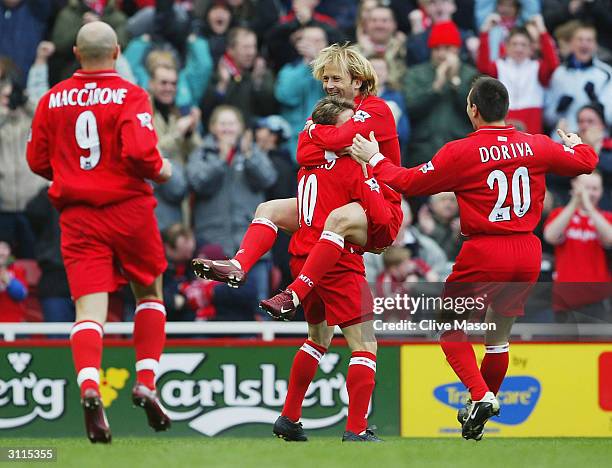Gaizka Mendieta of Middlesbrough celebrates his goal during the FA Barclaycard Premiership match between Middlesbrough and Birmingham City at The...