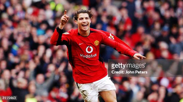 Cristiano Ronaldo of Manchester United celebrates scoring the second goal of the FA Barclaycard Premiership match between Manchester United and...