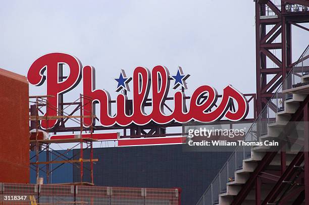 The Philadelphia Phillies logo sits atop the new scoreboard at Citizen's Bank Park, the new home of the Philadelphia Phillies March 21, 2004 in...