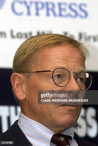 Founder,President and Chief Executive Officer of US company Cypress Semiconductor T.J.Rodgers addresses a press conference in Bangalore, 22 March...