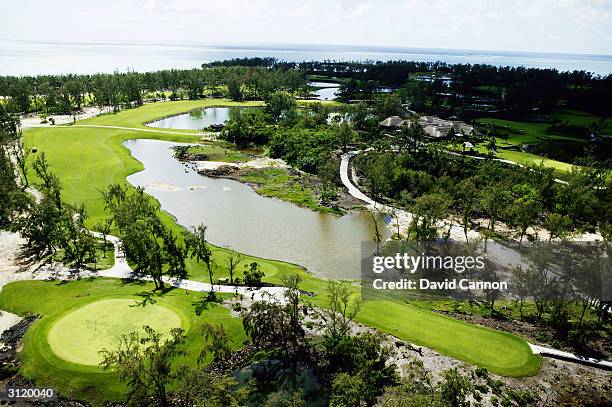 An aerial view of the par 5 9th hole and clubhouse on the Bernhard Langer designed 'One&Only Le Touessrok Golf Course' on the Ile Aux Cerfs Island at...