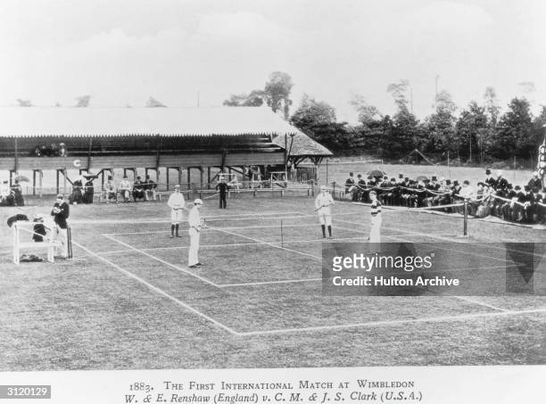 The first international tennis match takes place at Wimbledon, London 1883. The match, between the twins William and Ernest Renshaw of England, and...