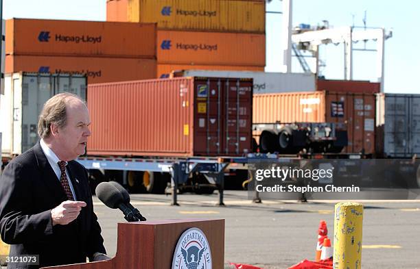 Customs and Border Protection Commissioner Robert C. Bonner speaks at Global Marine Terminal March 22, 2004 in Jersey City, New Jersey. Commissioner...