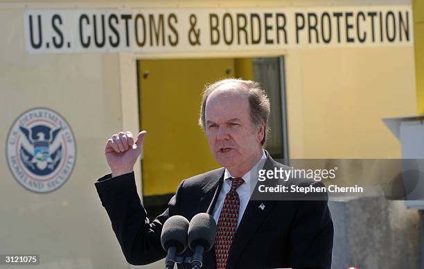 Customs and Border Protection Commissioner Robert C. Bonner speaks at Global Marine Terminal March 22, 2004 in Jersey City, New Jersey. Commissioner...