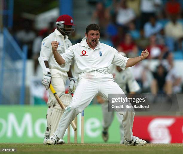 Steve Harmison of England takes the wicket of West Indies Captain Brian Lara during the Cable and Wireless 2nd Test match between West Indies and...