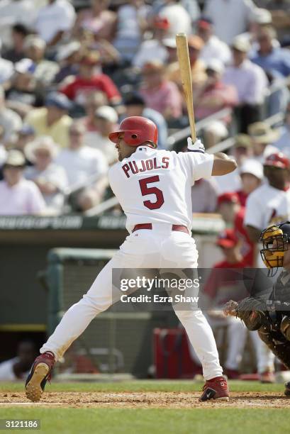 Infielder Albert Pujols of the St. Louis Cardinals waits for the Florida Marlins pitch during the game at Roger Dean Stadium on March 12, 2004 in...