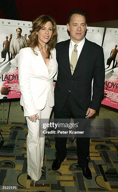 Actor Tom Hanks and wife Rita Wilson attend a private screening of "The Ladykillers" on March 22, 2004 at the Landmark Sunshine Cinema, in New York...