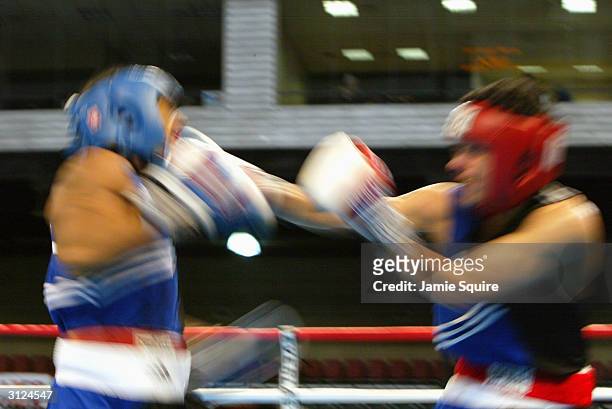 Aaron Garcia punches Brandon Rios during the United States Olympic Team Boxing Trials at Tunica Arena and Exhibition Center on February 20, 2004 in...