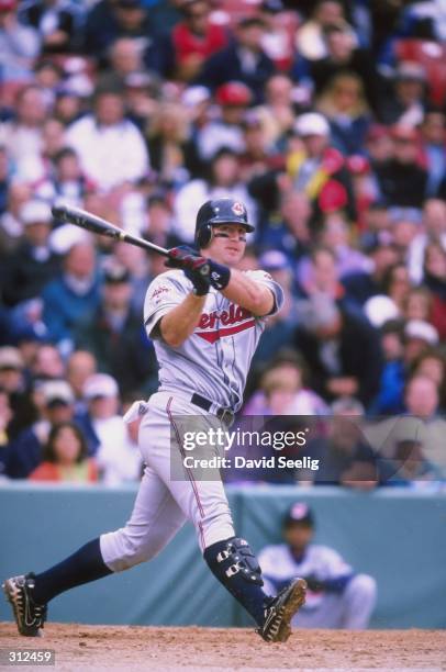 Infielder Jim Thome of the Cleveland Indians in action during a game against the Boston Red Sox at Fenway Park in Boston, Massachusetts. The Red Sox...