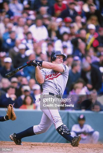 Infielder Jim Thome of the Cleveland Indians in action during a game against the Boston Red Sox at Fenway Park in Boston, Massachusetts. The Red Sox...