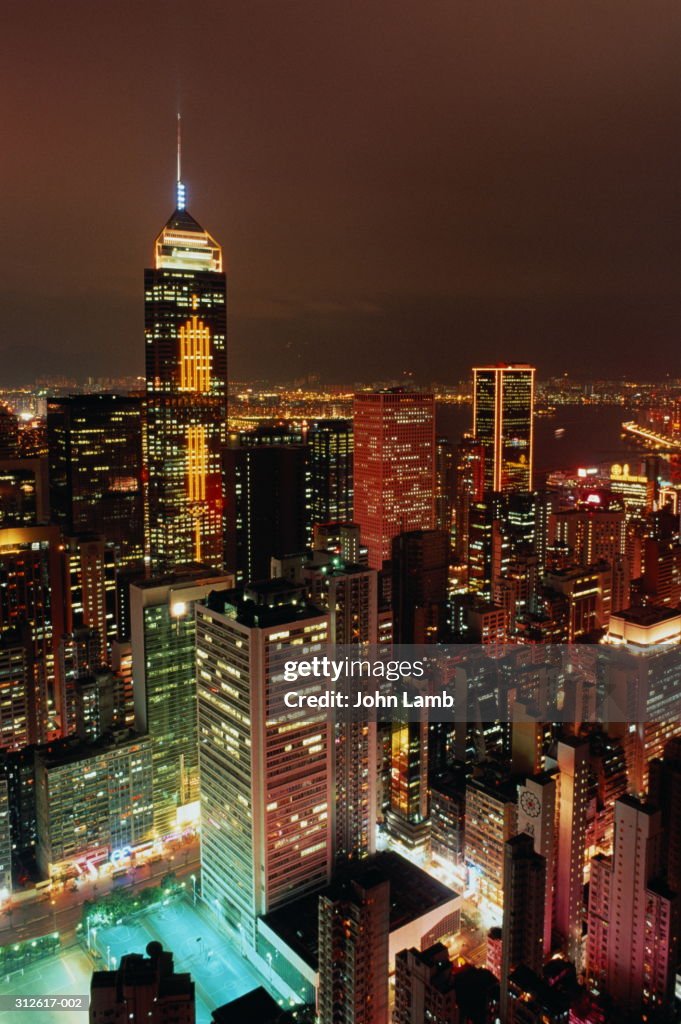 Hong Kong, Wanchai, view over city to Central Plaza at dusk