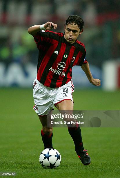 Milan midfielder Filippo Inzaghi in action during the UEFA Champions League Quarter Final match between AC Milan and Deportivo La Coruna at the...