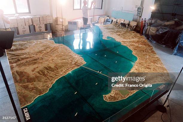 Plastic scale design of the planned bridge over the Strait of Messina, designed by Pininfarina, is shown March 24, 2004 in Rome, Italy. The EU...