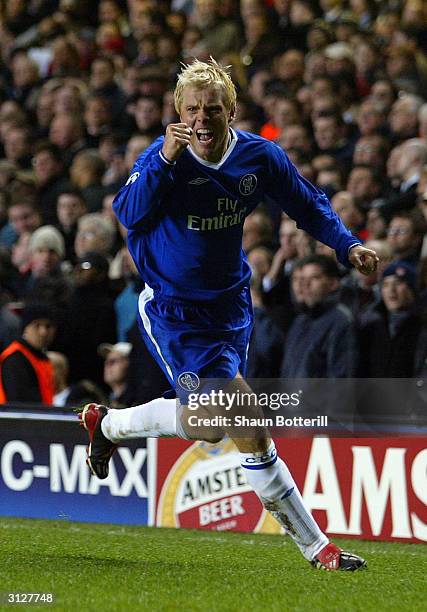 Eidur Gudjohnsen of Chelsea celebrates scoring the first goal for Chelsea during the UEFA Champions League Quarter Final match between Chelsea and...