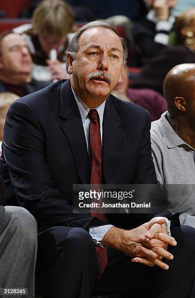Head coach Chris Ford of the Philadelphia 76ers watches the game against the Chicago Bulls at United Center on March 9, 2004 in Chicago, Illinois....