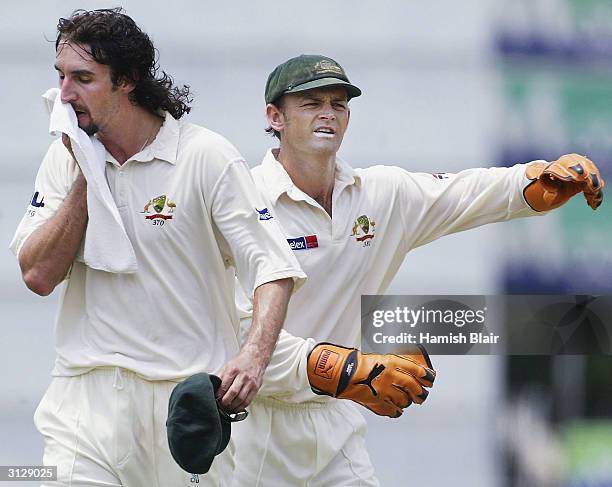 Jason Gillespie of Australia feels the heat with team-mate Adam Gilchrist looking on during day two of the Third Test between Australia and Sri Lanka...