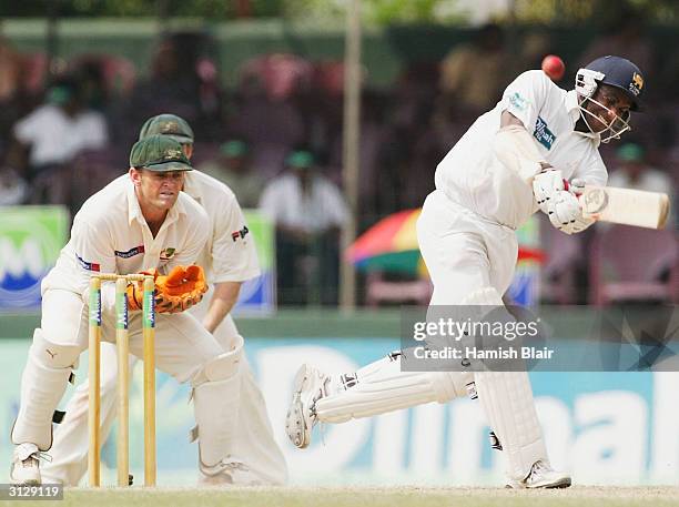 Sanath Jayasuriya of Sri Lanka hits a six during day two of the Third Test between Australia and Sri Lanka played at the Singhalese Sports Club on...