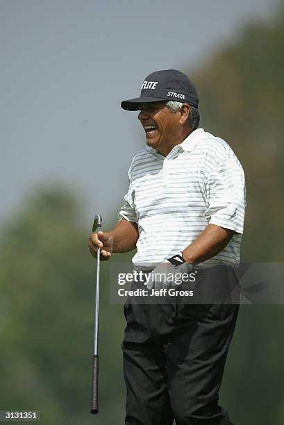 Lee Trevino laughs during the second round of the Toshiba Senior Classic on March 20, 2004 at the Newport Beach Country Club in Newport Beach,...