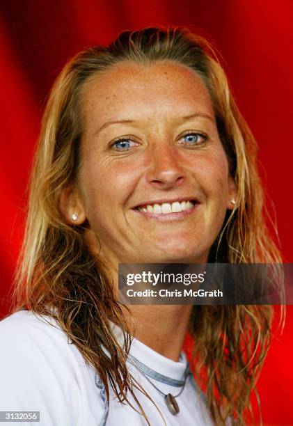 World Women's Champion Lane Beachley of Australia speaks to the media during a press conference after being eliminated in her heat which included...