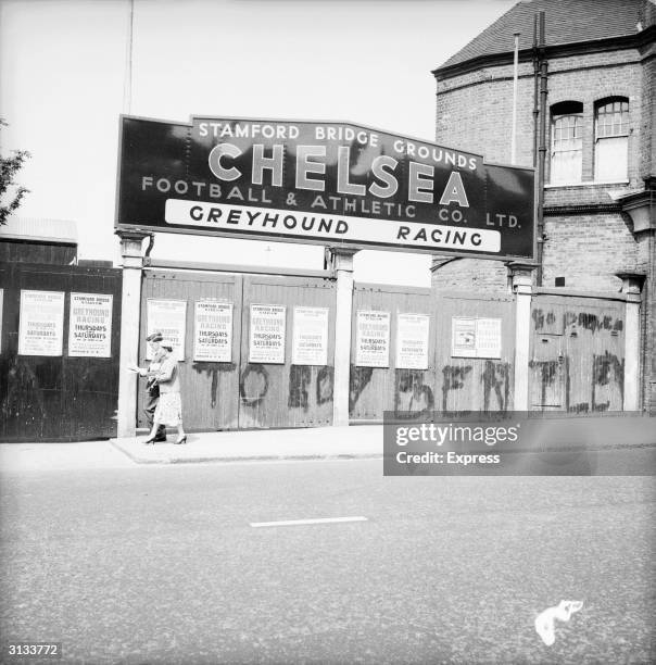 Graffiti on the gates outside Stamford Bridge, the home of Chelsea football club.