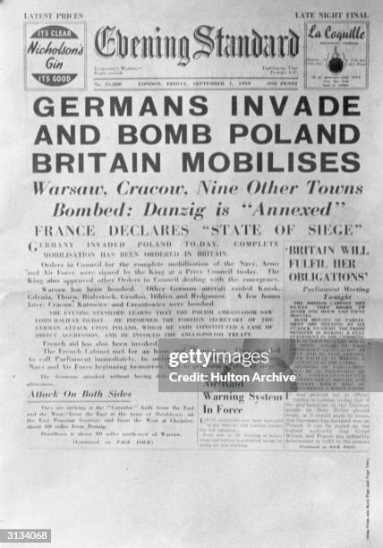 The front page of London's Evening Standard newspaper on 1st September announcing the German invasion of Poland at the start of World War II.