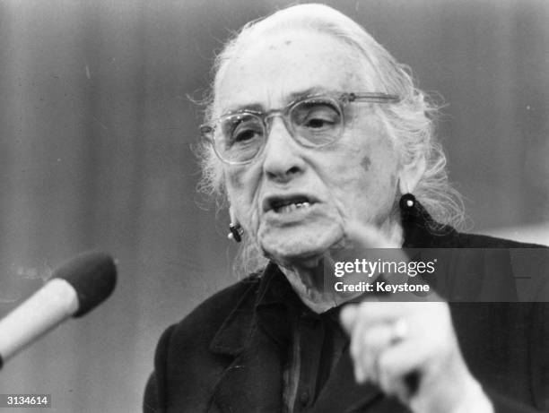 The Spanish Communist Dolores Ibarruri known as 'La Pasionaria' at a meeting of Spanish workers in Geneva.