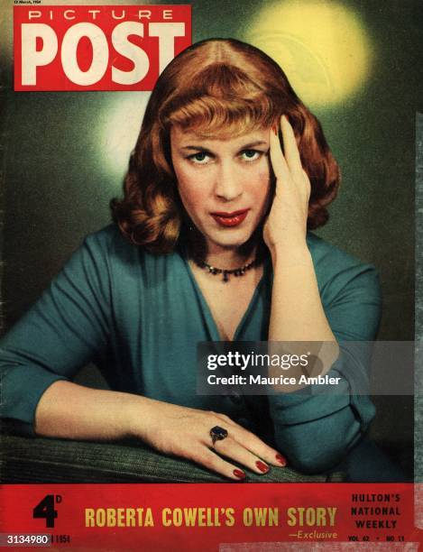 British transgender woman, Roberta Cowell , on the cover of the 13th March 1954 edition of Picture Post magazine. Cowell, a former Spitfire pilot,...