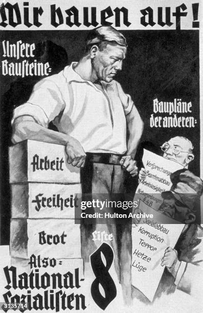 Nazi propaganda poster offering work, freedom and bread as opposed to the empty promises of their opponents.