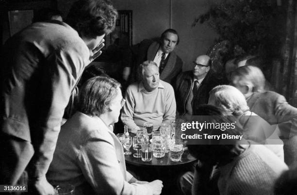 English Conservative politician and Prime Minister, Edward Heath, holding a press conference in the Plough public house near Chequers.
