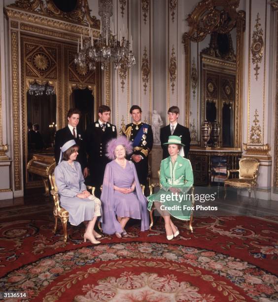 Members of the royal family at Buckingham Palace, Viscount Lindley, Prince Andrew, Prince Charles, Prince Edward, Lady Sarah Armstrong Jones, Queen...