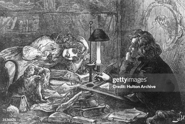 'My child-wife' from 'Charles Dickens' by Thomas Archer. The 'author' sits at his desk amid a clutter of books and watches a young girl with her King...