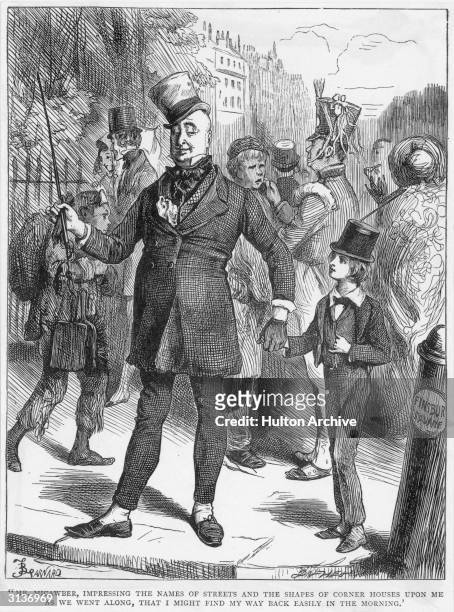 David Copperfield in Finsbury Square, London being shown the way to his new lodgings by Mr Micawber. From 'David Copperfield' by Charles Dickins....