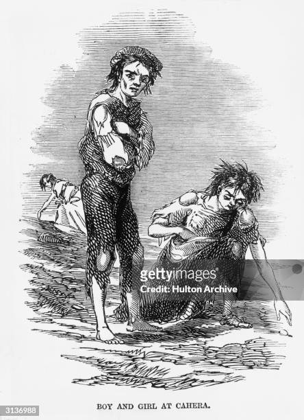 Starving boy and girl rake the ground for potatoes at Cahera during the Irish potato famine.