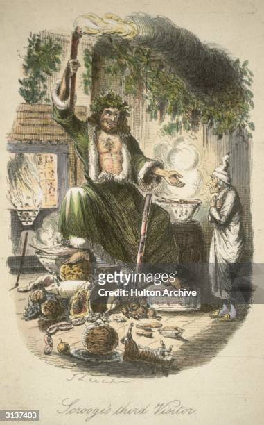 The Ghost of Christmas Present appears to the miserly Scrooge with a lavish Christmas spread, in a scene from Charles Dickens' 'A Christmas Carol'....