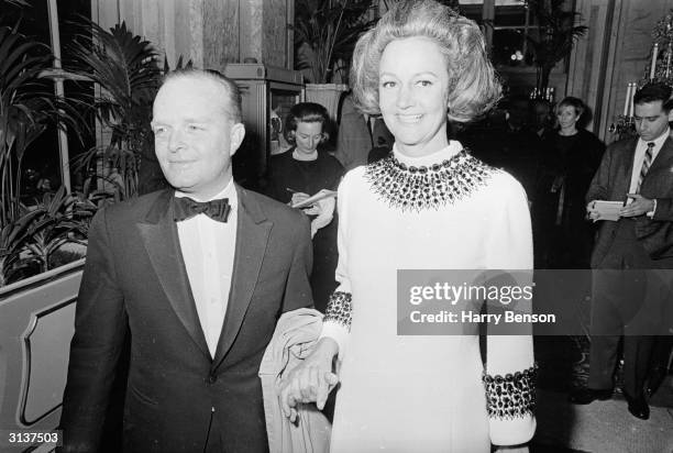 American novelist, Truman Capote at his Black-and-White Ball at the Plaza Hotel New York, with Katherine Graham , the publisher of the Washington...